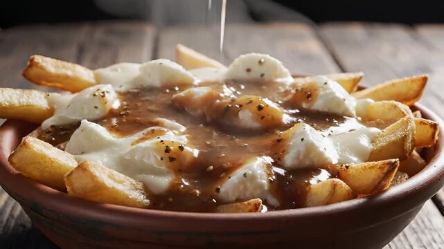 Delicious Poutine Dish with Gravy and Cheese Curds Closeup.