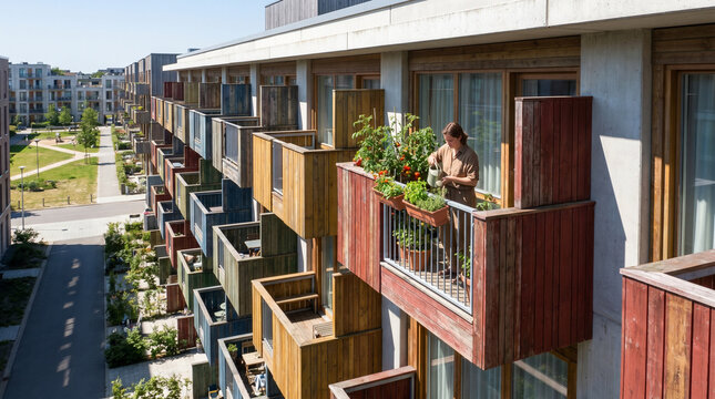 Affordable row housing development under harsh midday sun, brightly painted reclaimed-wood balconies stagger down a long facade, a single re 3