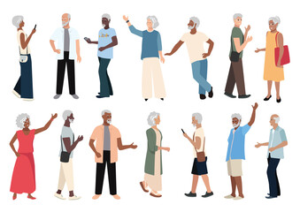 Fototapeta premium A set of illustrations depicting diverse elderly people of different genders and races in various poses and gestures. Hand-drawn vector illustration on a white background.