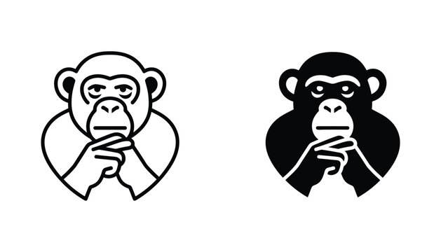 Thoughtful chimpanzee icon set with chin-on-hand pose in outline and solid black silhouette styles for animal and intelligence graphic design isolated on white background