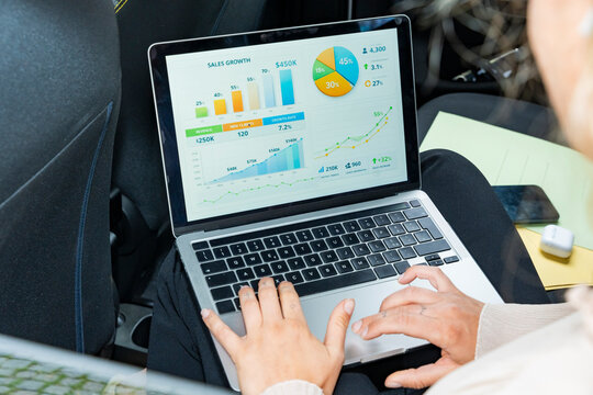 Businesswoman analyzing sales growth on laptop in a car