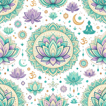 Seamless pattern with lotus flowers and mandala symbols