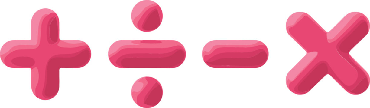 Vector Set of 3D Mathematical Symbols Featuring Addition, Subtraction, Multiplication, and Division Icons for Education, Digital Design, Math Projects, Learning Materials, and Creative Illustrations