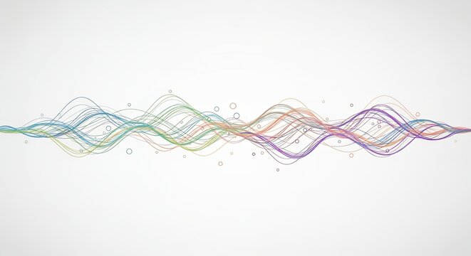 Abstract Multi Colored Wavy Lines and Circles Flowing Horizontally on Clean White Background