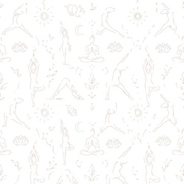 Seamless pattern with hand drawn yoga poses and lotus flowers