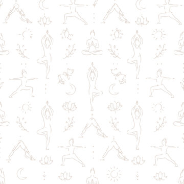 Seamless pattern with hand drawn yoga poses on black