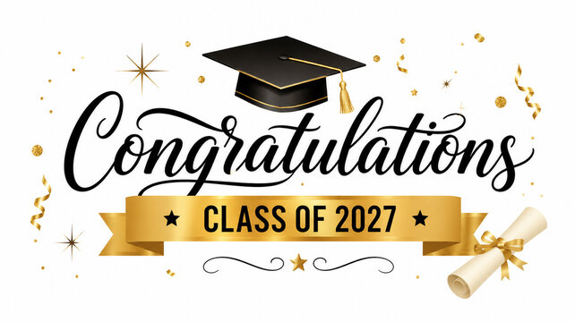 Congratulations class of 2027 graduation typography banner with golden ribbon and confetti.