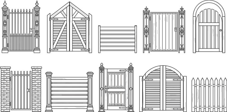 Wooden fence and gate collection with rustic farm entrance designs isolated vector illustration set for landscaping