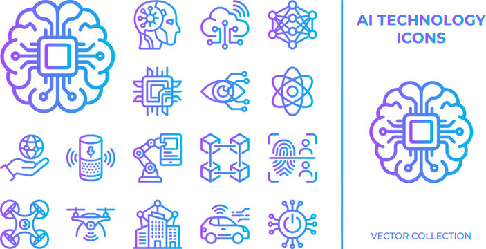 AI technology icons collection with gradient effect for digital innovation and future.
