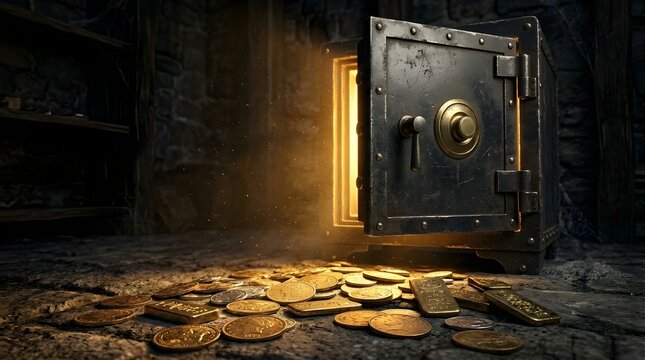 Treasures of a forgotten vault an open safe spills its golden hoard onto a stone floor, illuminated by a mysterious light
