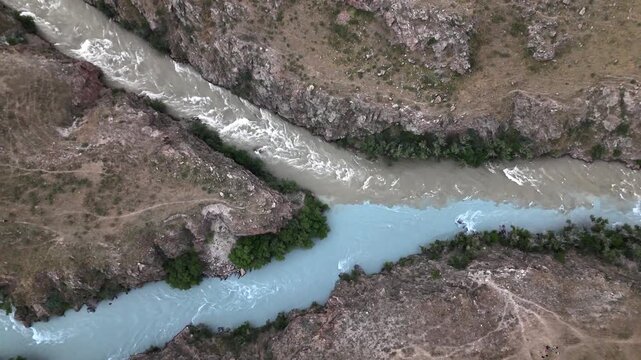 Aerial of powerful rapids in narrow section of Boom Gorge on Chu River, Kyrgyzstan