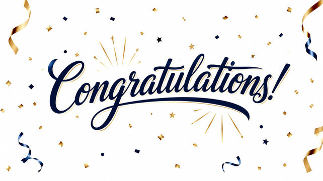 Congratulations calligraphy lettering banner with gold and black streamers on light background.