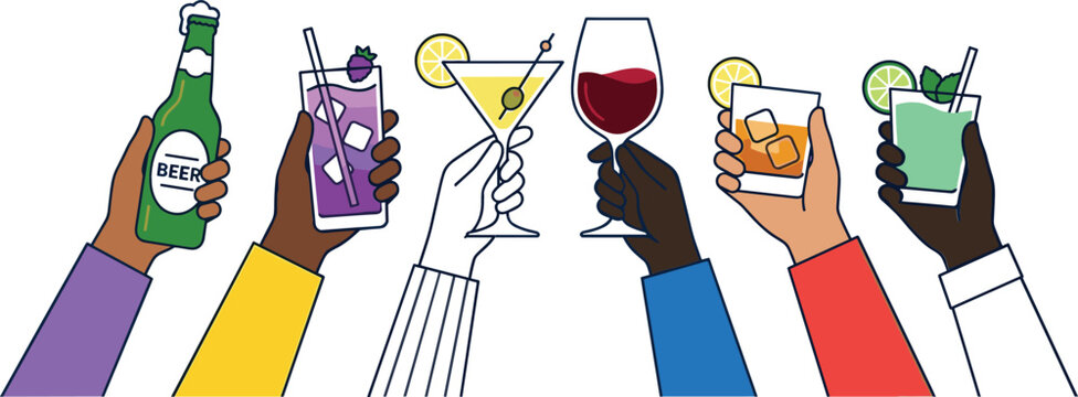 Vector Set of Hands Holding Drinks Illustrations Featuring Beer, Cocktails, Wine, Whiskey, and Mocktails for Digital Design, Bar, Party, Beverage, 