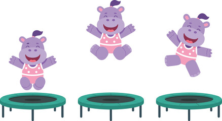 Cute Cartoon Hippo Character Set with Happy Little Purple Hippopotamus Jumping on Trampoline wearing Polka Dot Swimsuit for Kids Activity Designs