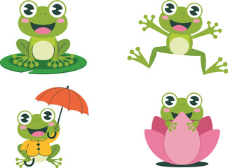 Obraz premium Cute Cartoon Frog Sticker Set with Happy Green Toad Characters Jumping Sitting on Lily Pad and Holding Umbrella for Kids Nursery Designs