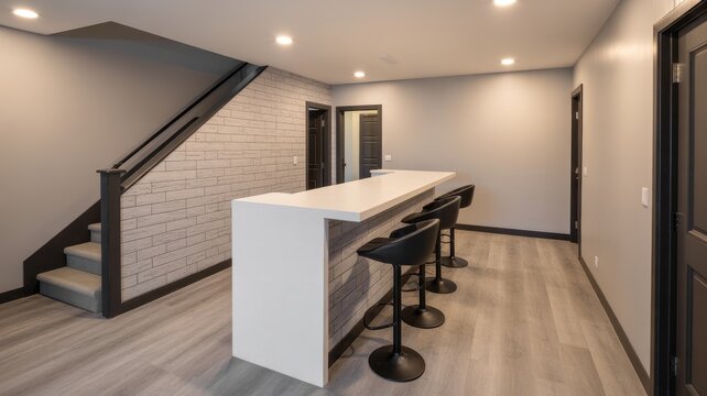 Modern finished basement with bar area