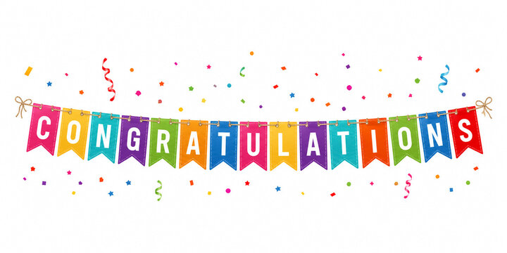 Congratulations colorful bunting banner with hanging party flags and falling confetti.