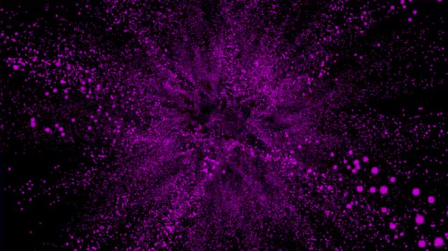 Abstract purple particle explosion with bright dots and dark