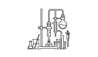 Laboratory Equipment Icon with Chemical Experiment, Retort Stand Holding Test Tube, Distillation Flask, Bunsen Burner, and Science Research Vector Outline © Joyantaroy