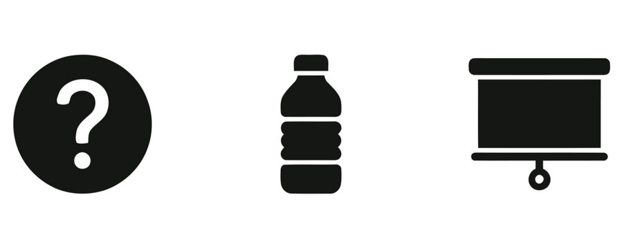Black and white vector icons of sports items with a clean transparent plastic water bottle isolated on a white background