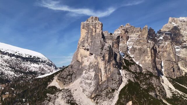 Wide aerial of Torre Trieste pinnacles with Civetta massif towering behind, Dolomites