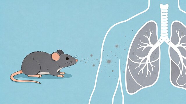 Conceptual illustration of hantavirus transmission from mouse to human, highlighting zoonotic infection via airborne dust particles.