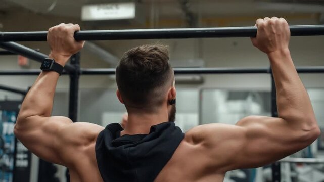 Muscular man performing pull-ups in a gym demonstrating back and arm muscles fitness workout