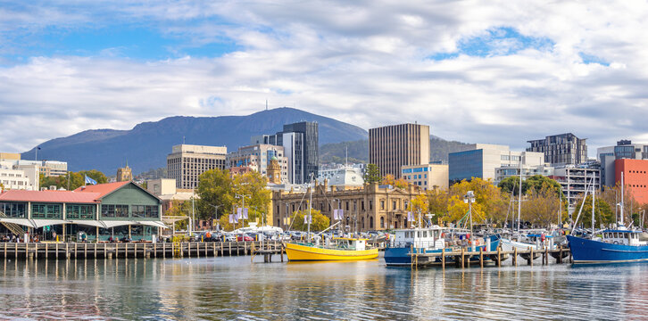 Hobart waterfront with Mount Wellington in the background, Tasmania, Australia