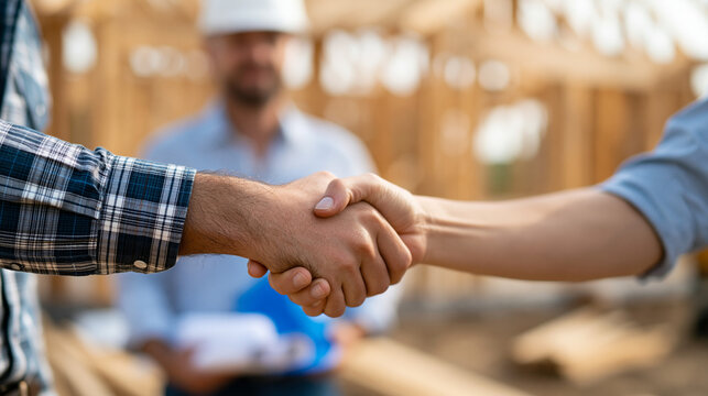 House building deal handshake between a property developer and a site construction worker, timber frame structure under active construction visible behind, residential real estate