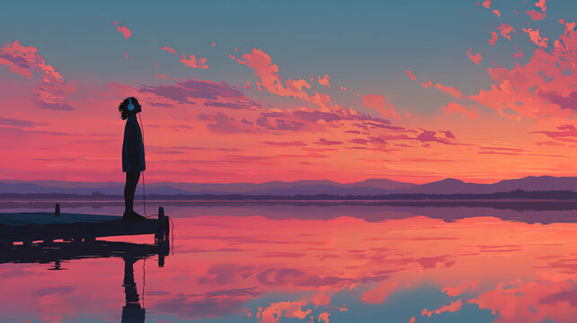 Girl listening to music with headphones on pier near lake watching peaceful sunset ASMR concept