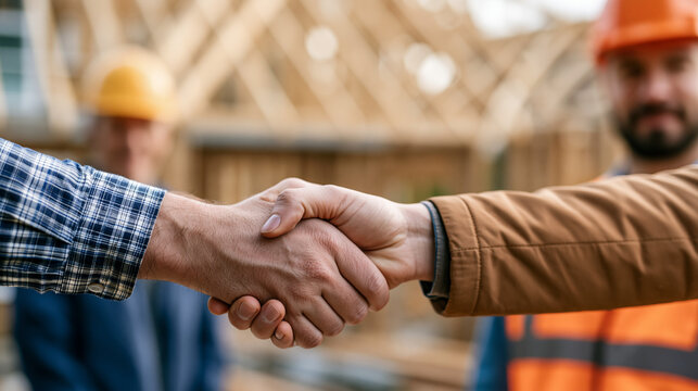 House building deal handshake between a property developer and a site construction worker, timber frame structure under active construction visible behind, residential real estate