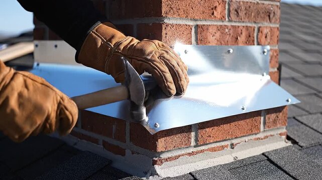 Close up of hands in gloves installing metal flashing on a brick chimney. Professional roofing repair on house roof. Suitable for construction services and home maintenance content.