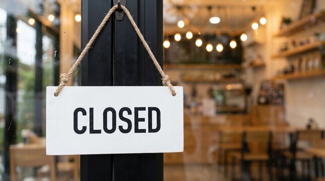 Wooden closed sign hanging on glass entrance door of a modern coffee shop or boutique store with business, entrance