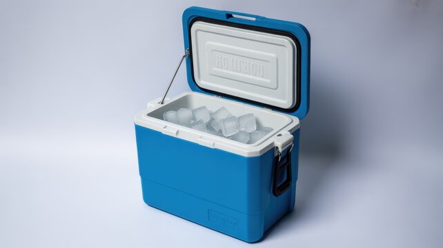 Open portable blue cooler box filled with ice cubes isolated on white background