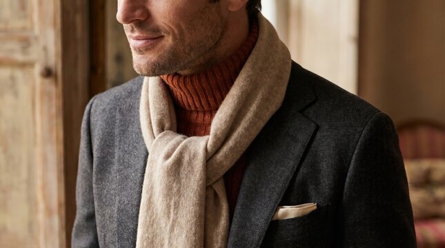Close up of stylish man wearing dark textured wool blazer and beige knit scarf for winter fashion concept with clothing