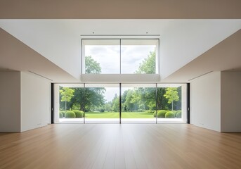 Fototapeta premium Minimalist interior with expansive glass walls overlooking a lush green garden and manicured landscape