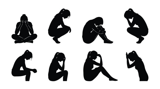Collection of sad woman silhouettes in various poses