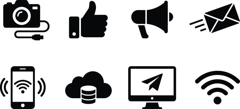 Digital Marketing and Social Media Silhouette Vector Icon Set with Camera Megaphone Thumb Up Mail Smartphone Cloud Server and Wifi Communication Symbols