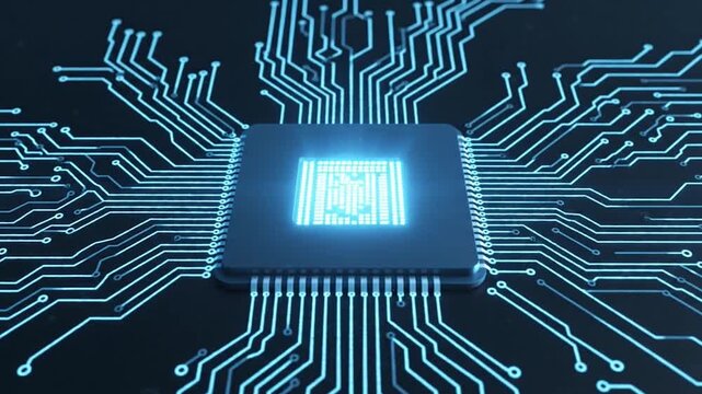 Hardware Technology Central microchip CPU unit exploding with bright blue electrical energy circuit paths.