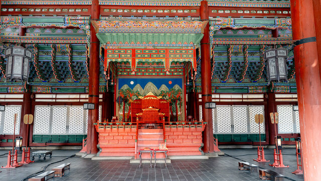 Intricate interior of Gyeongbokgung Palace in Seoul