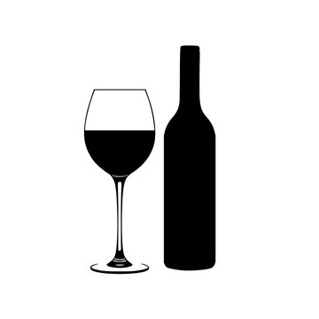 Single-line wine glass with bottle silhouette beside it set with simple line art design featuring outline, illustration, graphic elements with clean design and vector art