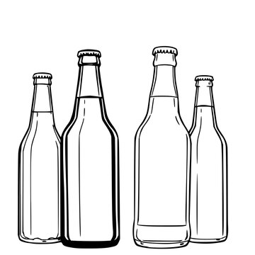 Beer bottles set with simple line art design featuring sketches, drawings, vector graphics with minimalist and simple illustrations