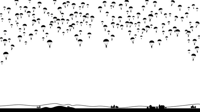 Black and white silhouette illustration of paratroopers descending from the sky over a landscape.