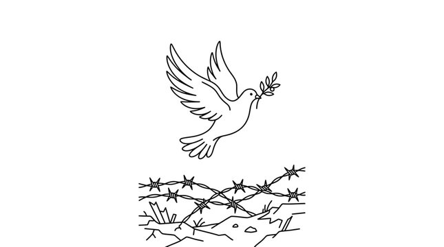 A white dove of peace flying over barbed wire.