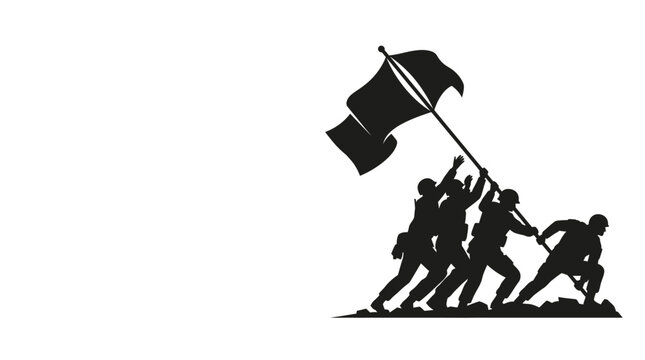 Silhouette of soldiers raising a flag together on a hill.