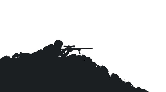 Silhouette of a sniper lying on a hill with a rifle.