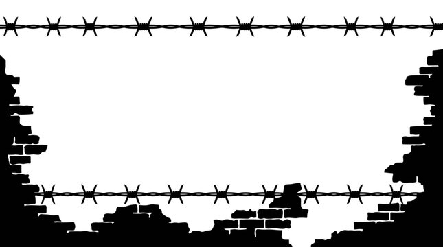 Black silhouette of broken brick wall and barbed wire fence.