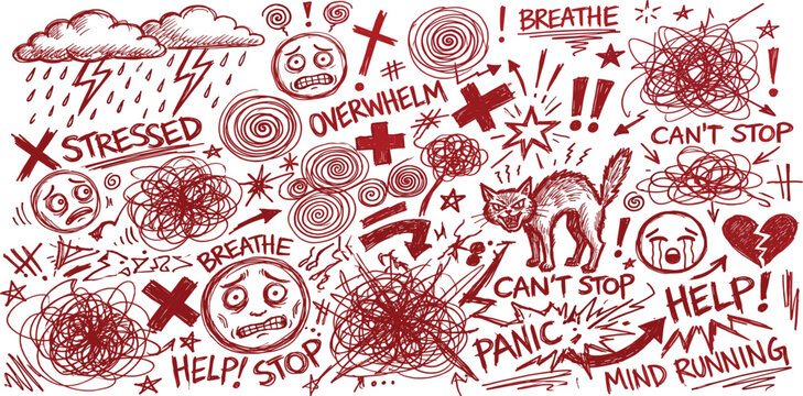 Anxiety symbols and words expressing stress and panic are illustrated in red.