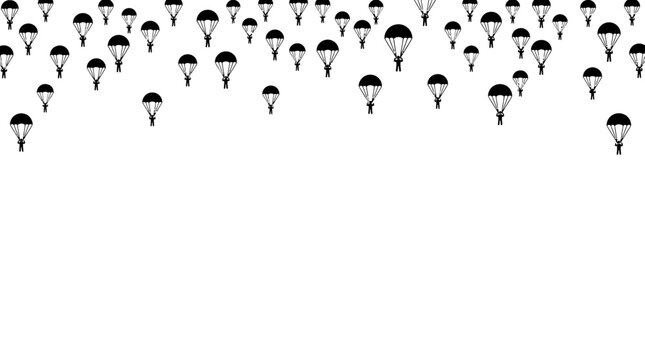 Seamless pattern of parachutes descending in a minimalist black and white style.