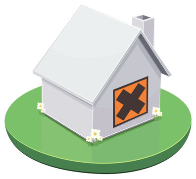 Isometric diagram of a residential house with an orange chemical hazard warning sign on the wall, representing toxic materials, pollution, or unhealthy housing. (cut out)